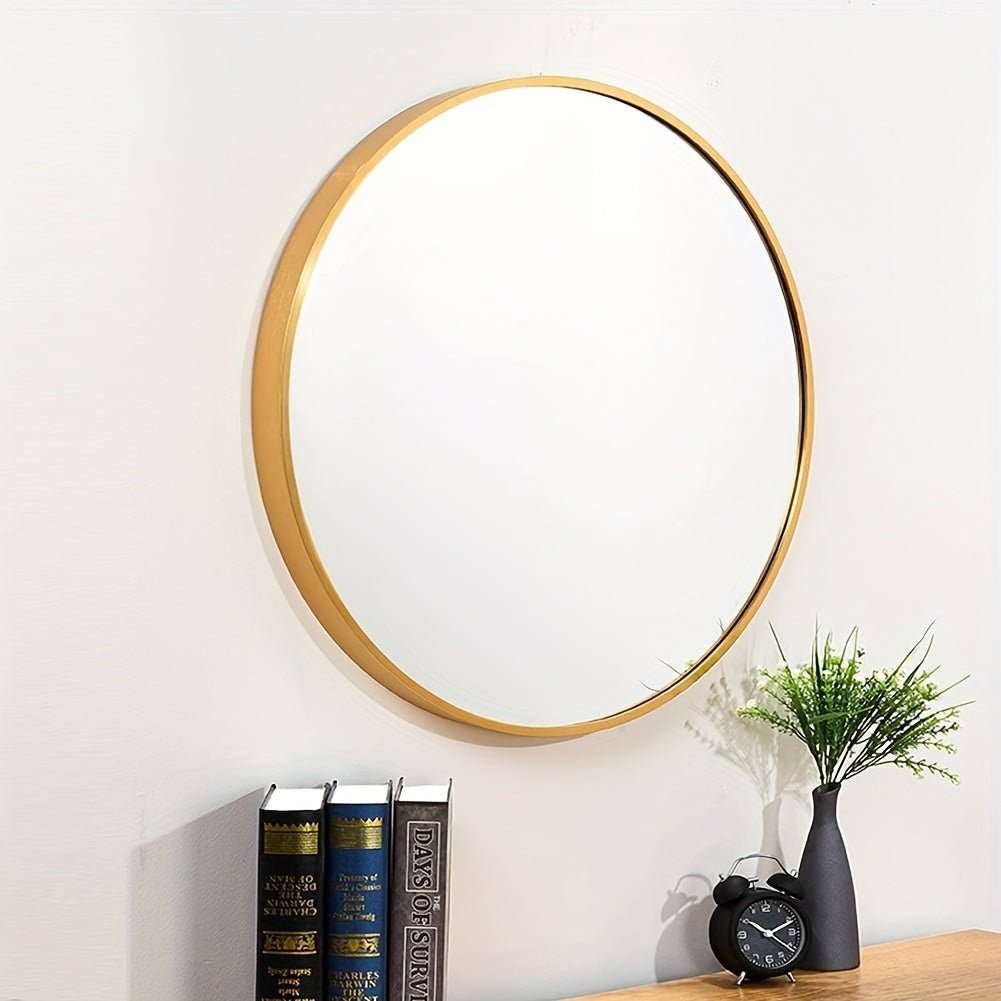1pc Circular Wall Mirror With Gold Metal Frame, 76.2 Cm, Contemporary Style, For Bathroom, Vanity, Bedroom, Living Room Decor, Round Decorative Mirror - Moon & Wall