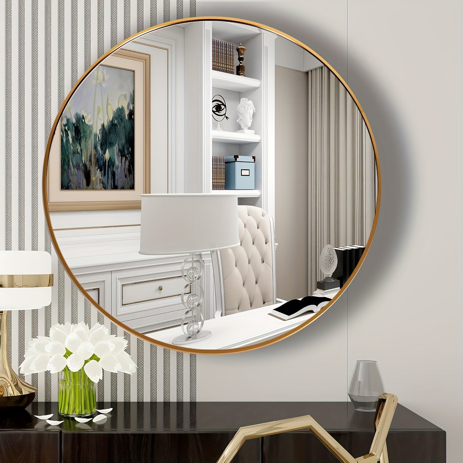 1pc Circular Wall Mirror With Gold Metal Frame, 76.2 Cm, Contemporary Style, For Bathroom, Vanity, Bedroom, Living Room Decor, Round Decorative Mirror - Moon & Wall