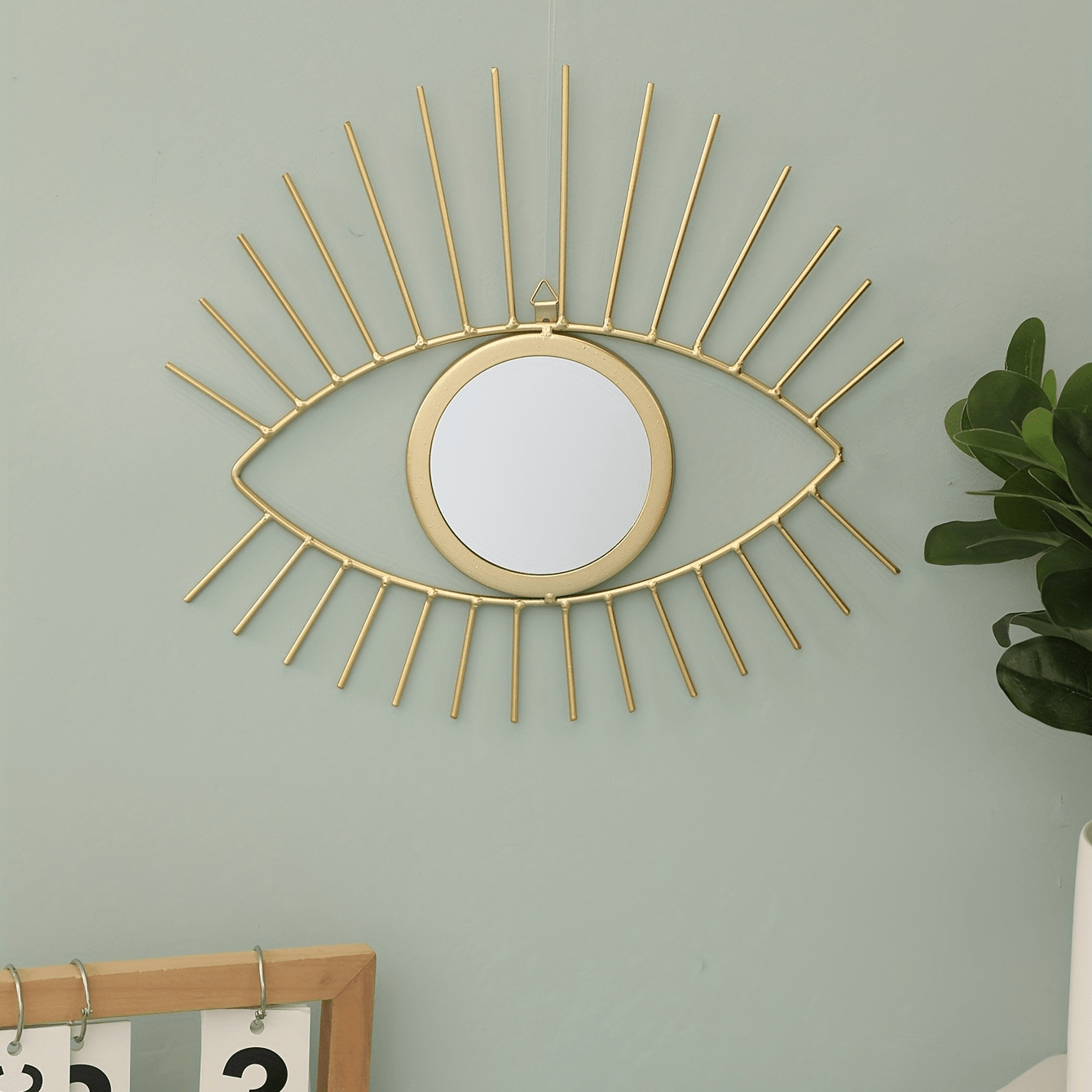 1pc Metal Outer Frame Wall Mirror, Modern Minimalist Eyes Patterned Self - Adhesive Wall Decor, For Living Room, Bedroom, Bathroom And Office Porch Decor, Home Decoration - Moon & Wall