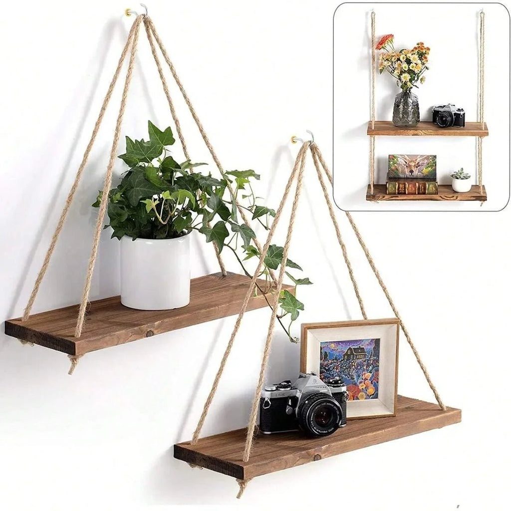1PC Wooden Hanging Rope Shelf – Floating Wall Storage for Plants, Decor, or Garden Display - Moon & Wall