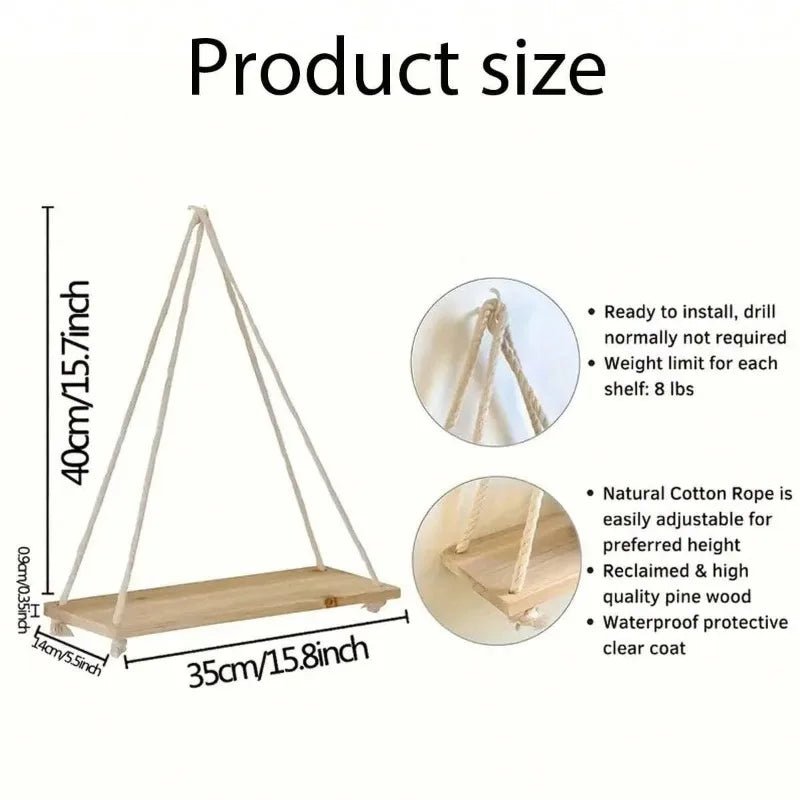 1PC Wooden Hanging Rope Shelf – Floating Wall Storage for Plants, Decor, or Garden Display - Moon & Wall