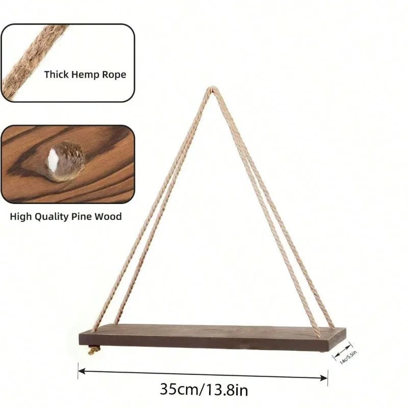 1PC Wooden Hanging Rope Shelf – Floating Wall Storage for Plants, Decor, or Garden Display - Moon & Wall