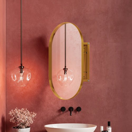 20x34 Inch Oval Recessed Medicine Cabinet, Metal Framed Bathroom Wall Cabinet With Mirror And Adjustable Shelves, Wall Mirror With Storage For Bathroom, Matte Gold - Moon & Wall