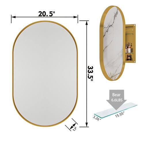 20x34 Inch Oval Recessed Medicine Cabinet, Metal Framed Bathroom Wall Cabinet With Mirror And Adjustable Shelves, Wall Mirror With Storage For Bathroom, Matte Gold - Moon & Wall