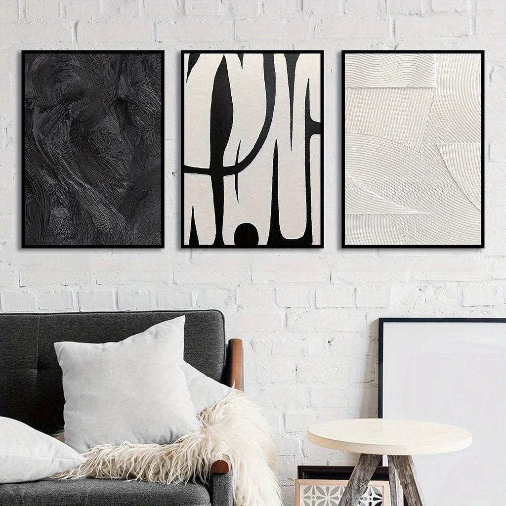 3pcs Abstract Black and White Canvas Wall Art Set Posters, Texture Paintings, Ideal Gift for Room Decoration - Moon & Wall