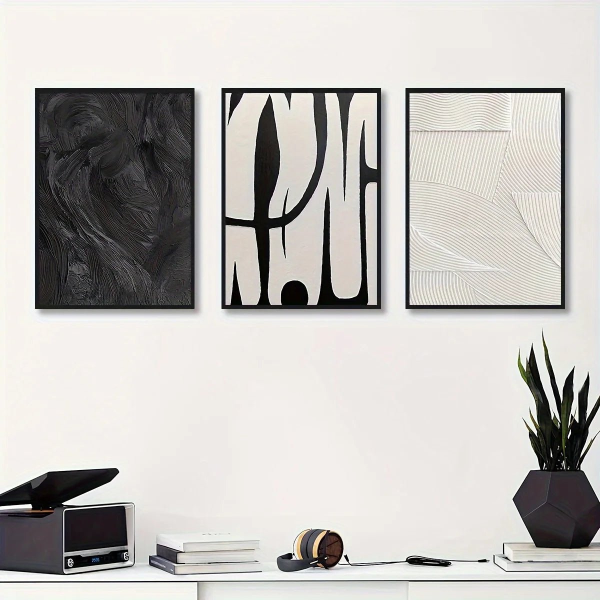 3pcs Abstract Black and White Canvas Wall Art Set Posters, Texture Paintings, Ideal Gift for Room Decoration - Moon & Wall