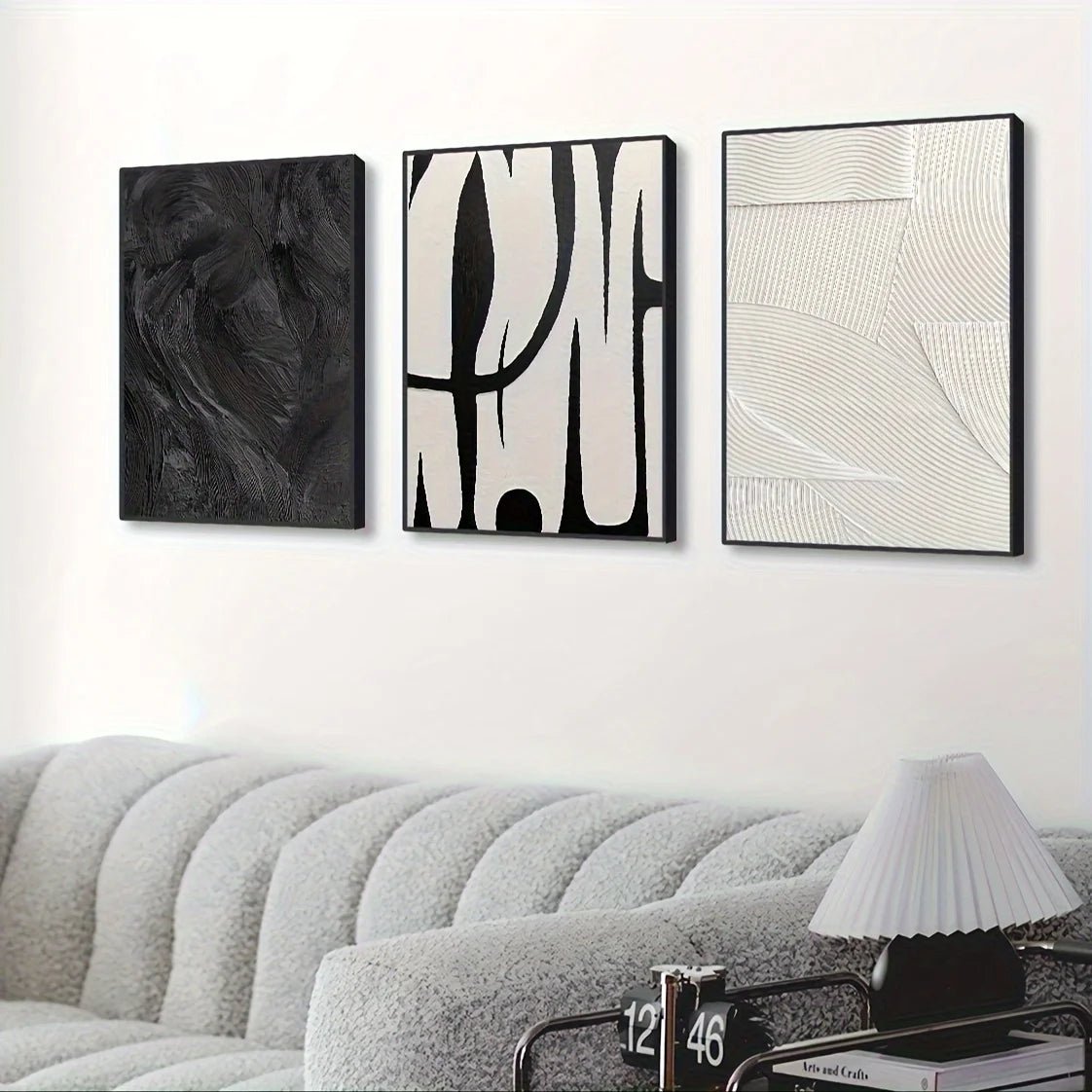 3pcs Abstract Black and White Canvas Wall Art Set Posters, Texture Paintings, Ideal Gift for Room Decoration - Moon & Wall