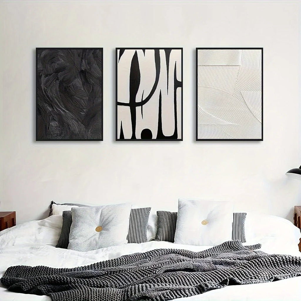 3pcs Abstract Black and White Canvas Wall Art Set Posters, Texture Paintings, Ideal Gift for Room Decoration - Moon & Wall