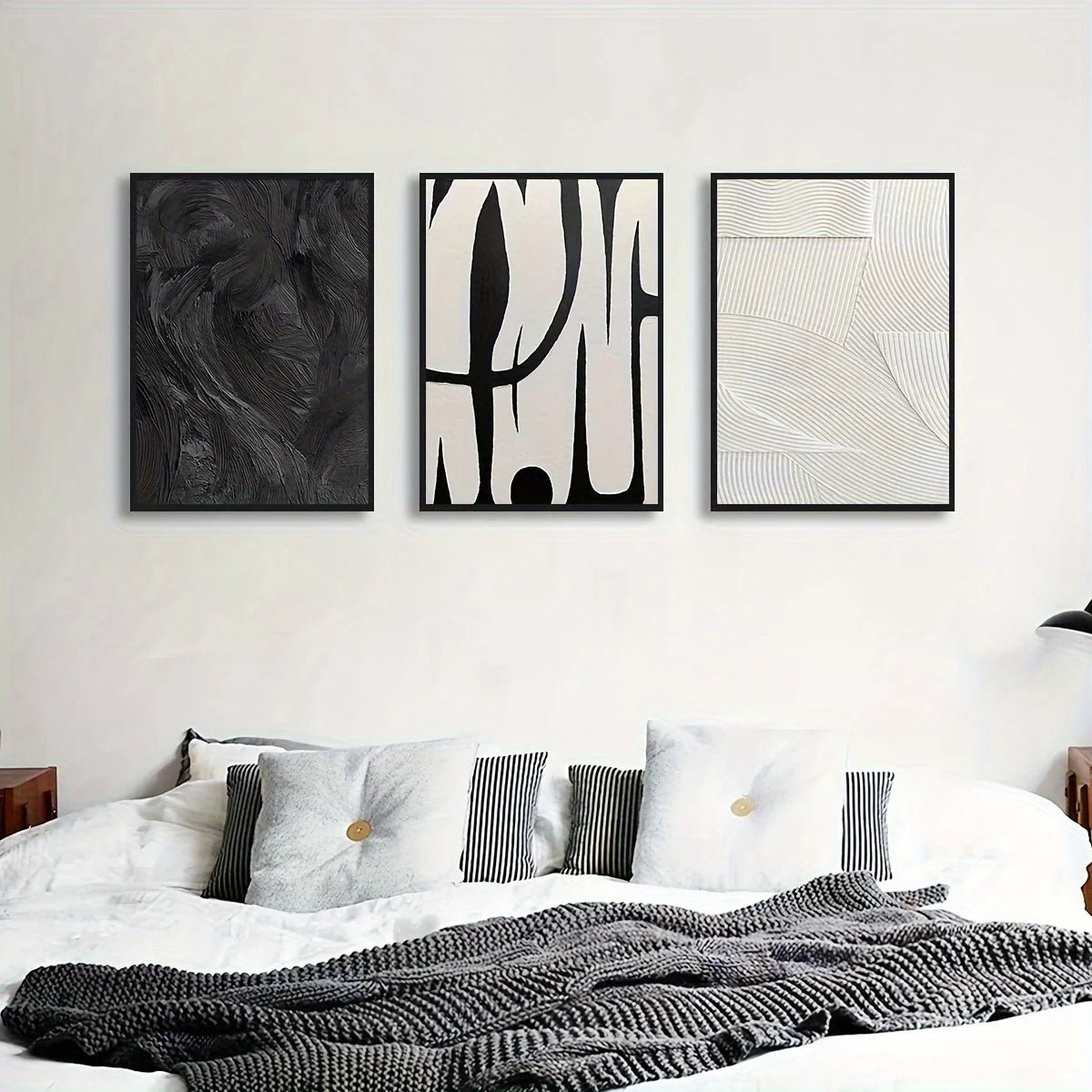 3pcs Abstract Black and White Canvas Wall Art Set Posters, Texture Paintings, Ideal Gift for Room Decoration - Moon & Wall