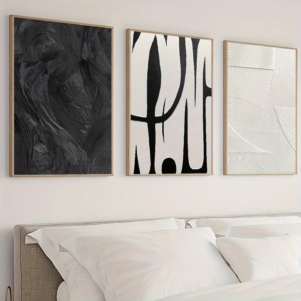 3pcs Abstract Black and White Canvas Wall Art Set Posters, Texture Paintings, Ideal Gift for Room Decoration - Moon & Wall
