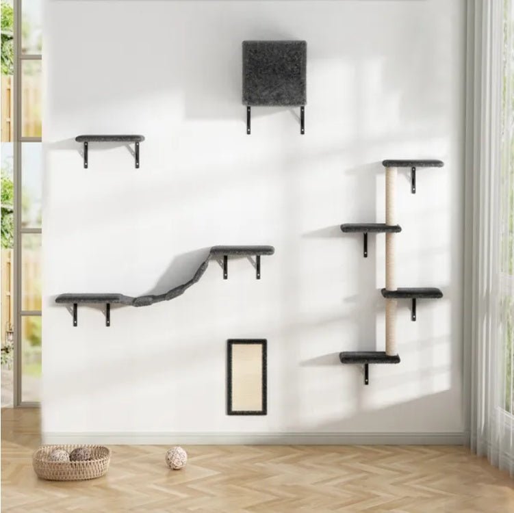 5 Pcs Wall Mounted Cat Climber Set Floating Cat Shelves And Perches Cat Activity Tree With Scratching Posts Modern Cat Furniture - Moon & Wall