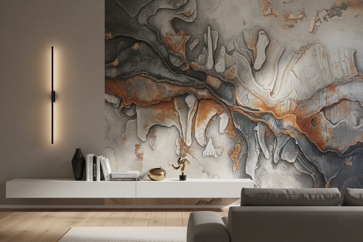 Art Mural texturé à voté d'une lampe led et meuble étagère mural 