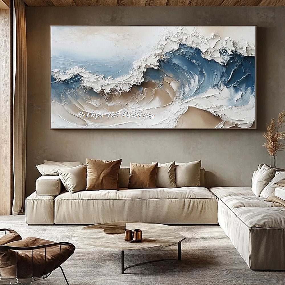 Arthyx Hand - Painted Abstract Sea Wave Oil Painting – Modern Textured Seascape Canvas for Home Decor - Moon & Wall