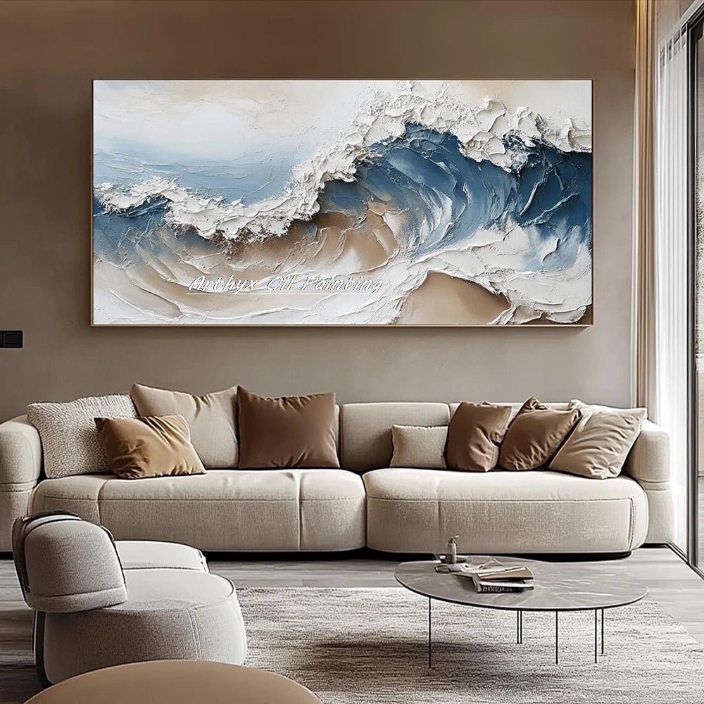 Arthyx Hand - Painted Abstract Sea Wave Oil Painting – Modern Textured Seascape Canvas for Home Decor - Moon & Wall