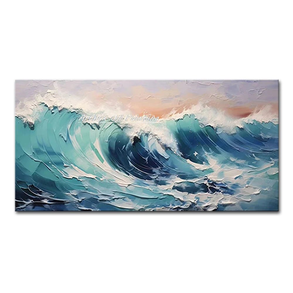 Arthyx Hand - Painted Abstract Sea Wave Oil Painting – Modern Textured Seascape Canvas for Home Decor - Moon & Wall