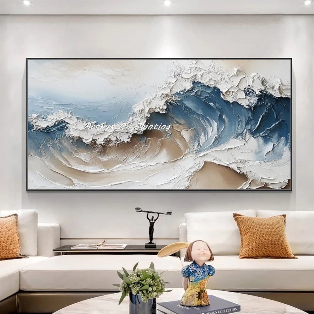 Arthyx Hand - Painted Abstract Sea Wave Oil Painting – Modern Textured Seascape Canvas for Home Decor - Moon & Wall