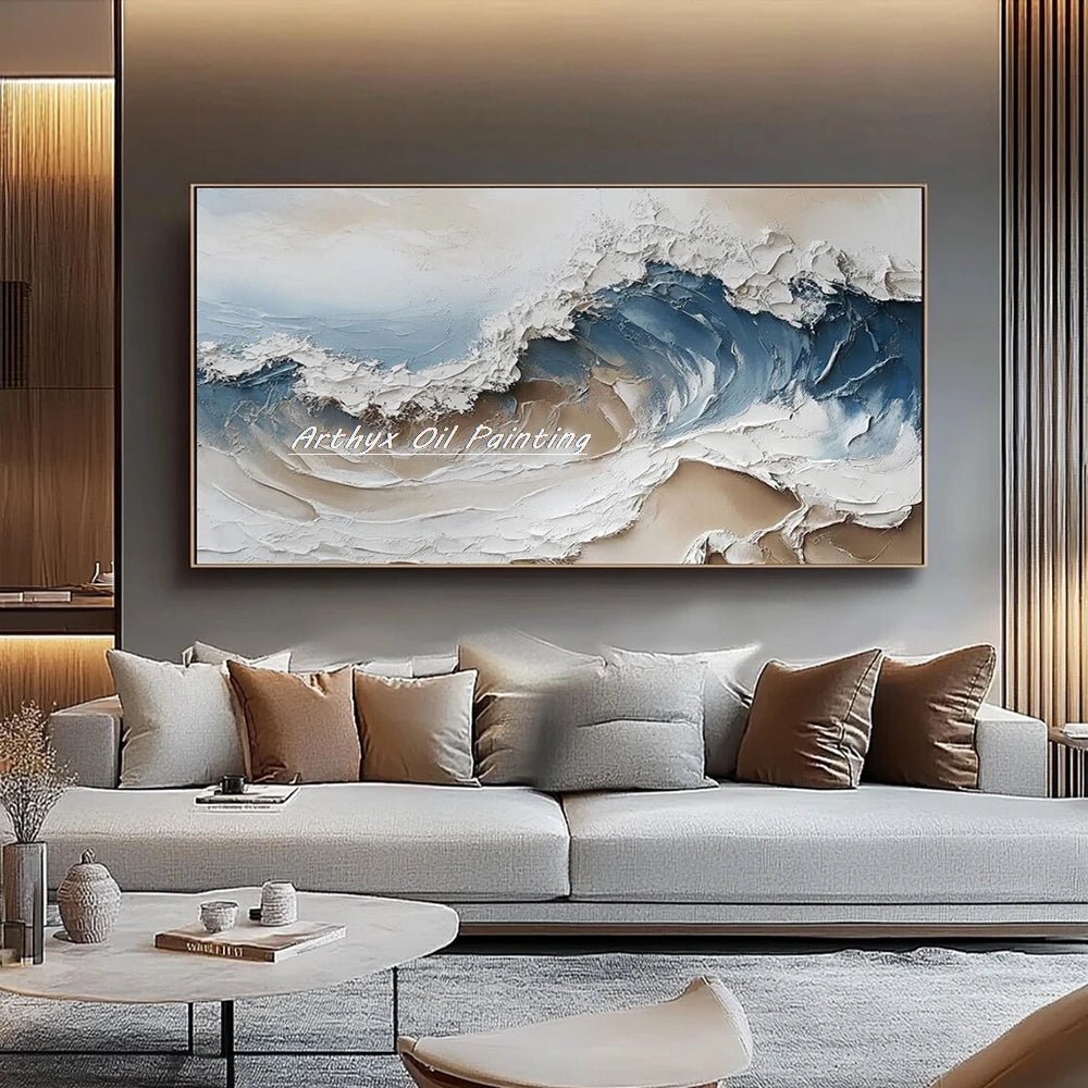 Arthyx Hand - Painted Abstract Sea Wave Oil Painting – Modern Textured Seascape Canvas for Home Decor - Moon & Wall