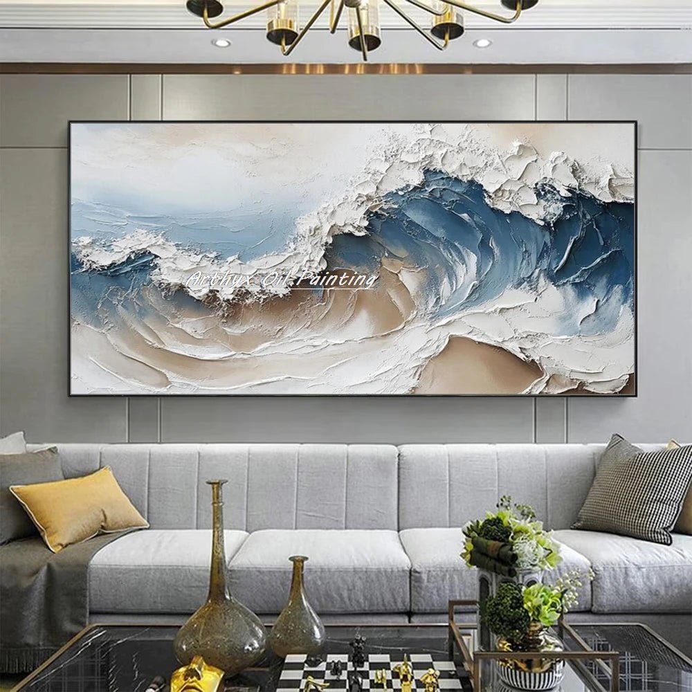 Arthyx Hand - Painted Abstract Sea Wave Oil Painting – Modern Textured Seascape Canvas for Home Decor - Moon & Wall