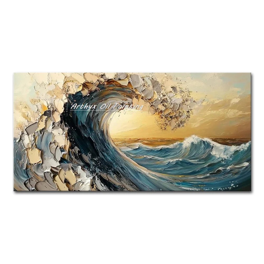 Arthyx Hand - Painted Abstract Sea Wave Oil Painting – Modern Textured Seascape Canvas for Home Decor - Moon & Wall