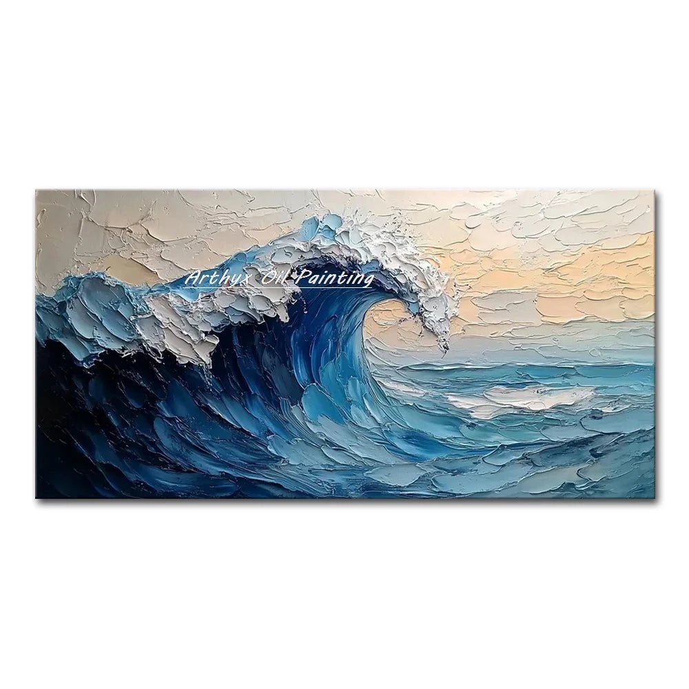 Arthyx Hand - Painted Abstract Sea Wave Oil Painting – Modern Textured Seascape Canvas for Home Decor - Moon & Wall