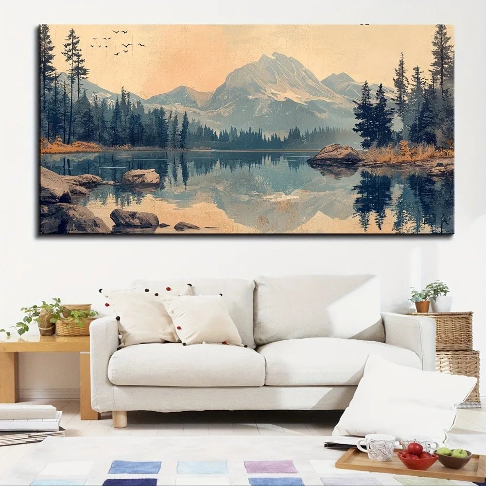 Cadre en bois massif de pin de 1,5 pouce d'épaisseur, montagnes enneigées, forêts, lacs peinture murale en toile imperméable et inodore - Moon & Wall