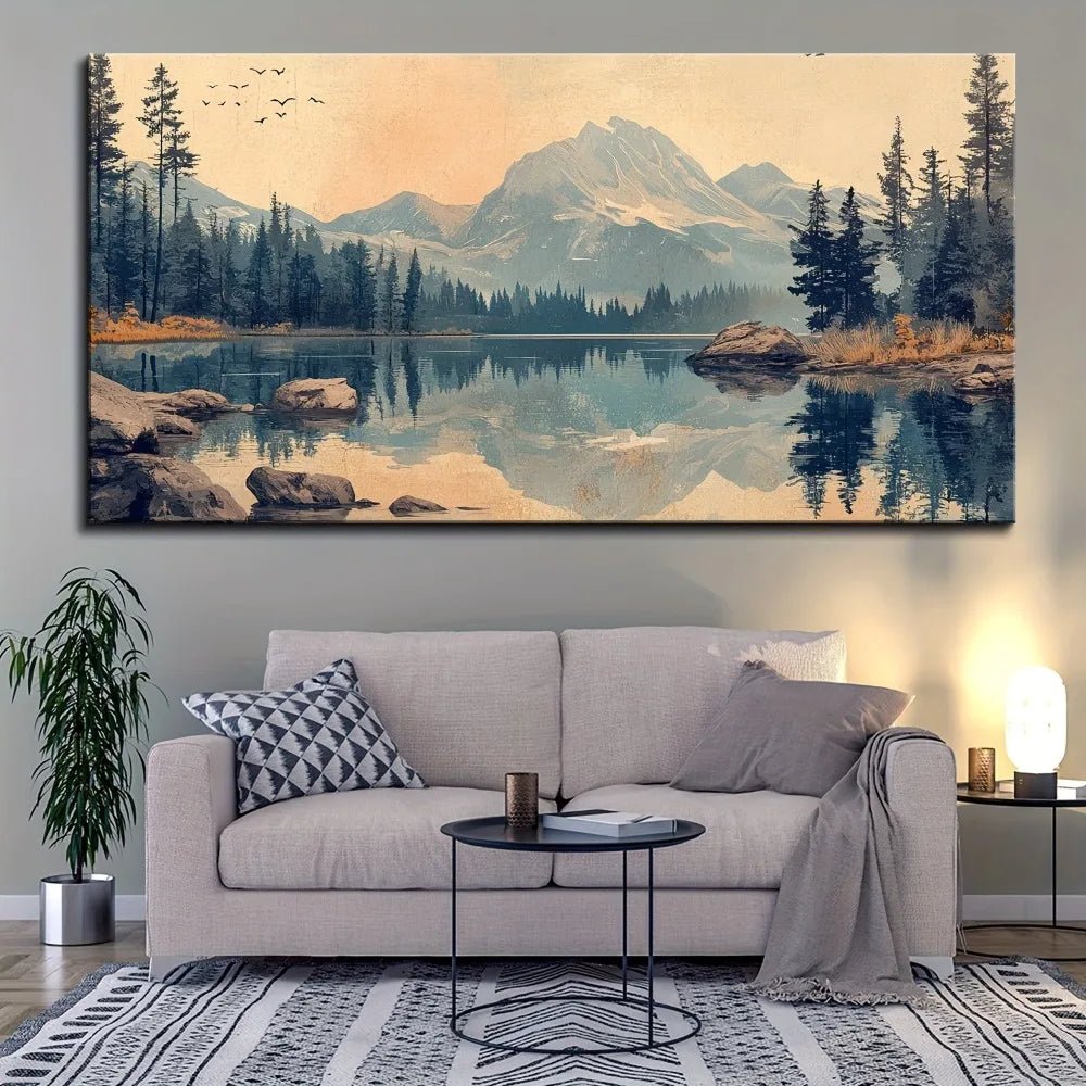 Cadre en bois massif de pin de 1,5 pouce d'épaisseur, montagnes enneigées, forêts, lacs peinture murale en toile imperméable et inodore - Moon & Wall