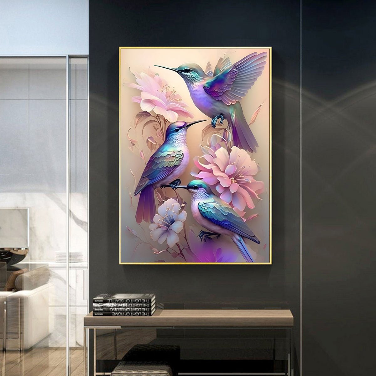 COCBONI Classic Love Theme Canvas Wall Art - Fabric Hummingbird & Floral Print, Glitter Embellished, Frameless HD Mural for Home, Bar, Cafe Decoration - Moon & Wall