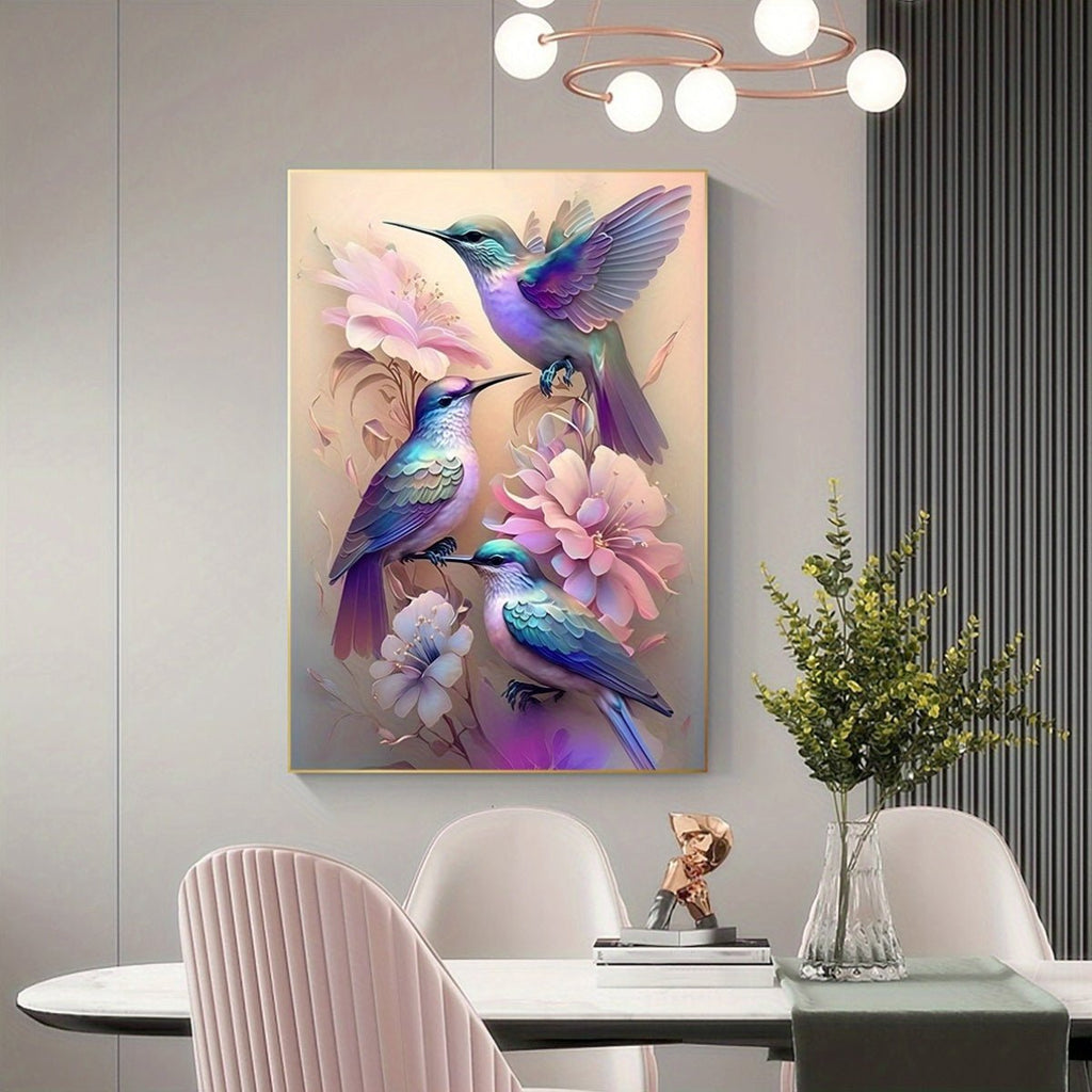 COCBONI Classic Love Theme Canvas Wall Art - Fabric Hummingbird & Floral Print, Glitter Embellished, Frameless HD Mural for Home, Bar, Cafe Decoration - Moon & Wall