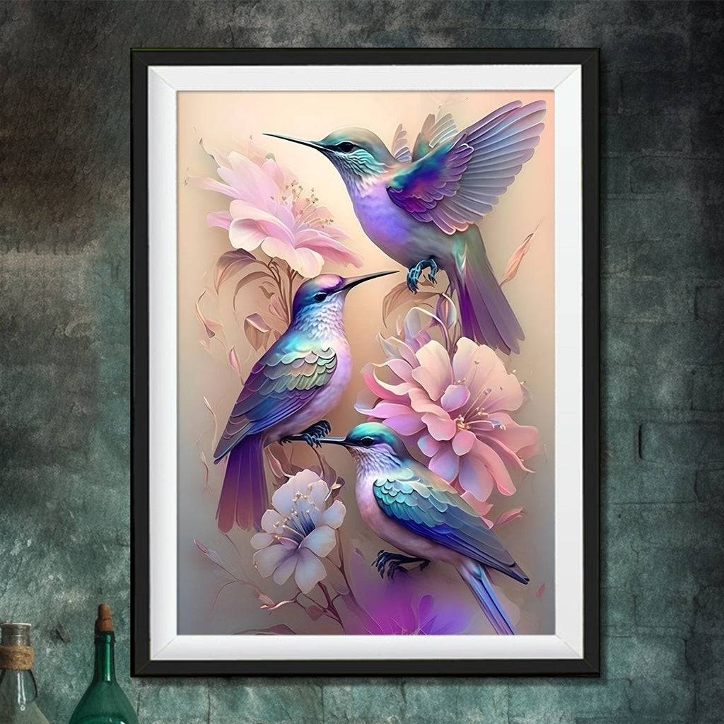 COCBONI Classic Love Theme Canvas Wall Art - Fabric Hummingbird & Floral Print, Glitter Embellished, Frameless HD Mural for Home, Bar, Cafe Decoration - Moon & Wall