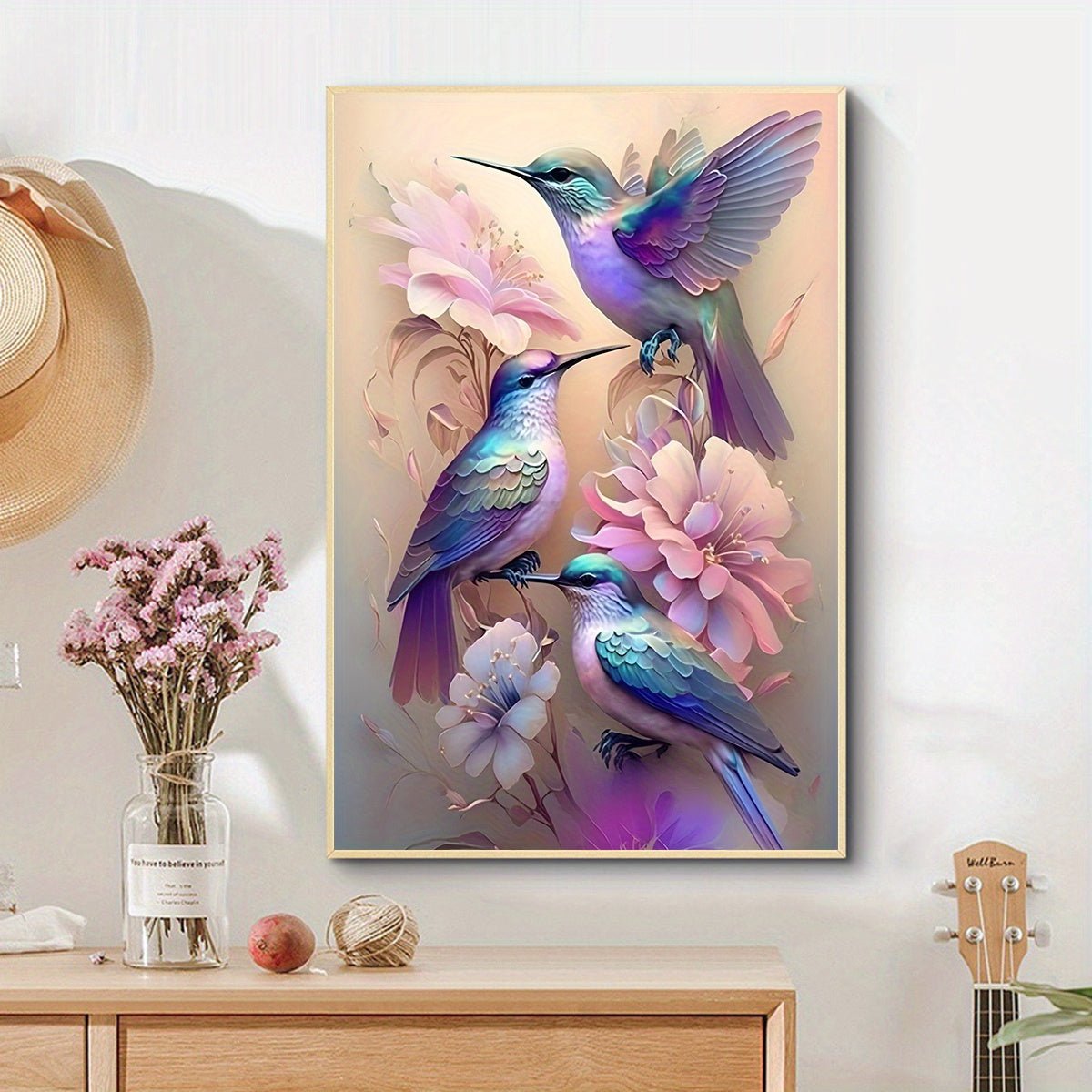 COCBONI Classic Love Theme Canvas Wall Art - Fabric Hummingbird & Floral Print, Glitter Embellished, Frameless HD Mural for Home, Bar, Cafe Decoration - Moon & Wall