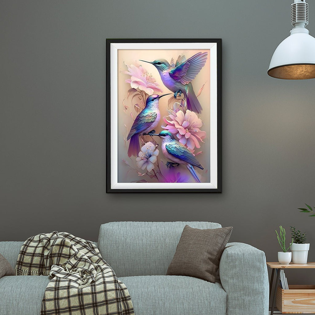 COCBONI Classic Love Theme Canvas Wall Art - Fabric Hummingbird & Floral Print, Glitter Embellished, Frameless HD Mural for Home, Bar, Cafe Decoration - Moon & Wall