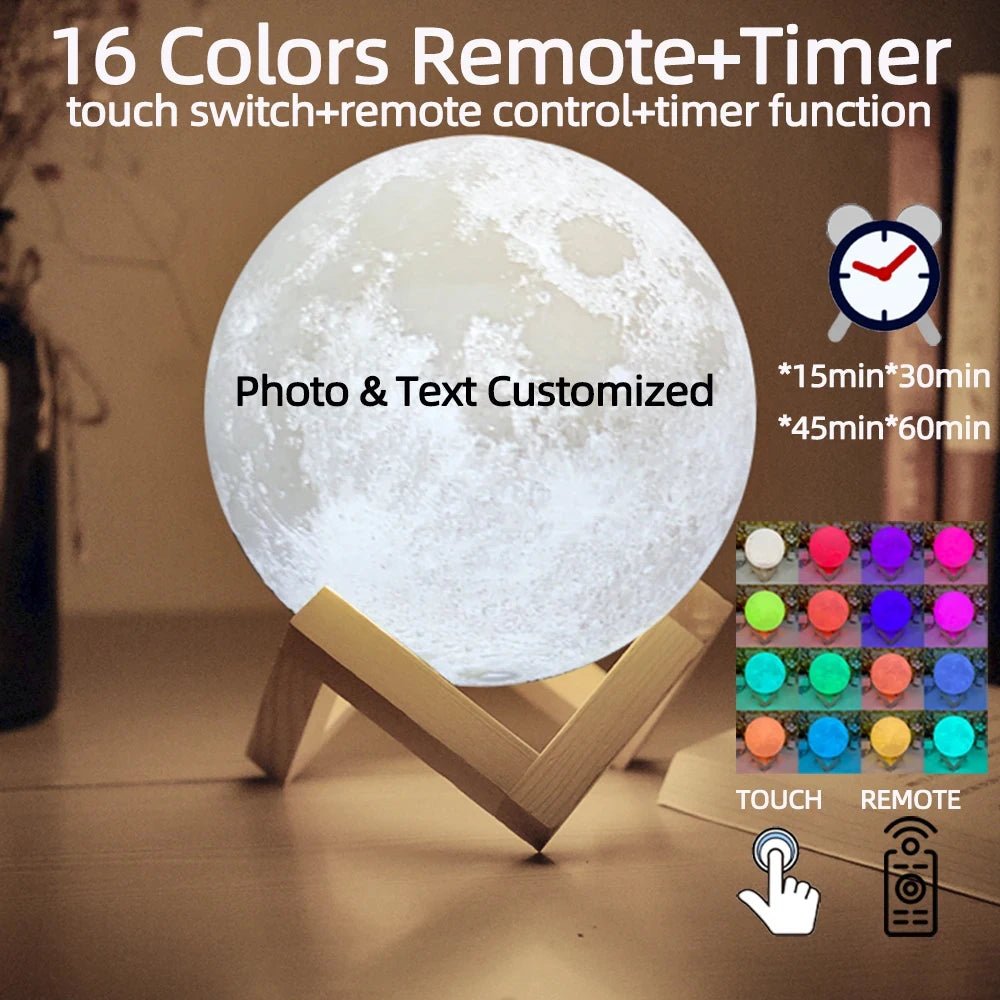 Custom 3D Moon Lamp – USB Rechargeable Personalized Photo/Text Night Light Gift for Birthdays or Special Occasions - Moon & Wall