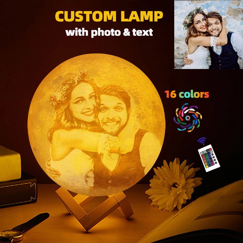 Custom 3D Moon Lamp – USB Rechargeable Personalized Photo/Text Night Light Gift for Birthdays or Special Occasions - Moon & Wall