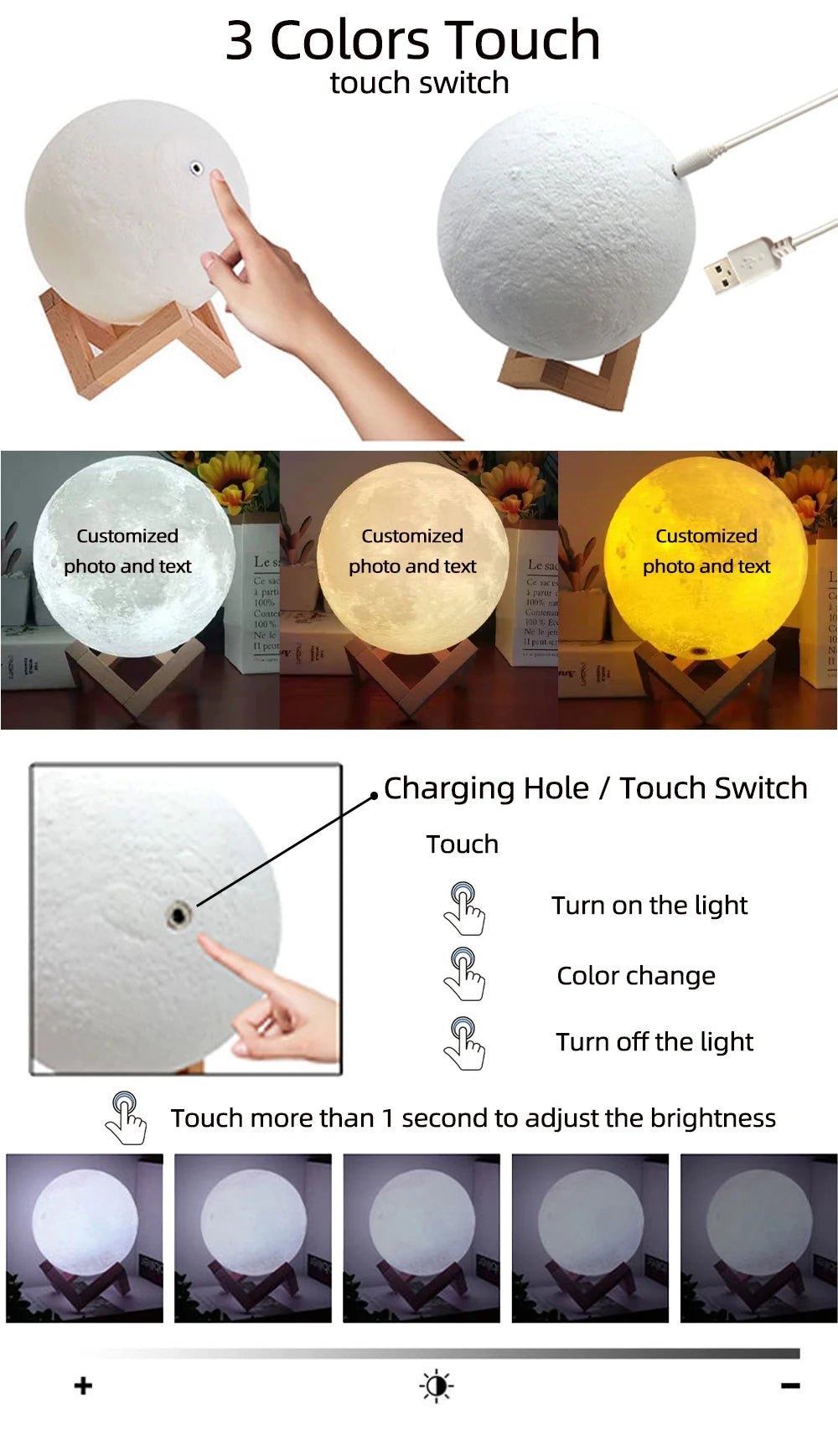 Custom 3D Moon Lamp – USB Rechargeable Personalized Photo/Text Night Light Gift for Birthdays or Special Occasions - Moon & Wall