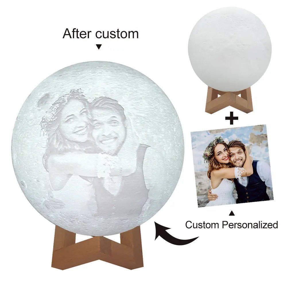 Custom 3D Moon Lamp – USB Rechargeable Personalized Photo/Text Night Light Gift for Birthdays or Special Occasions - Moon & Wall
