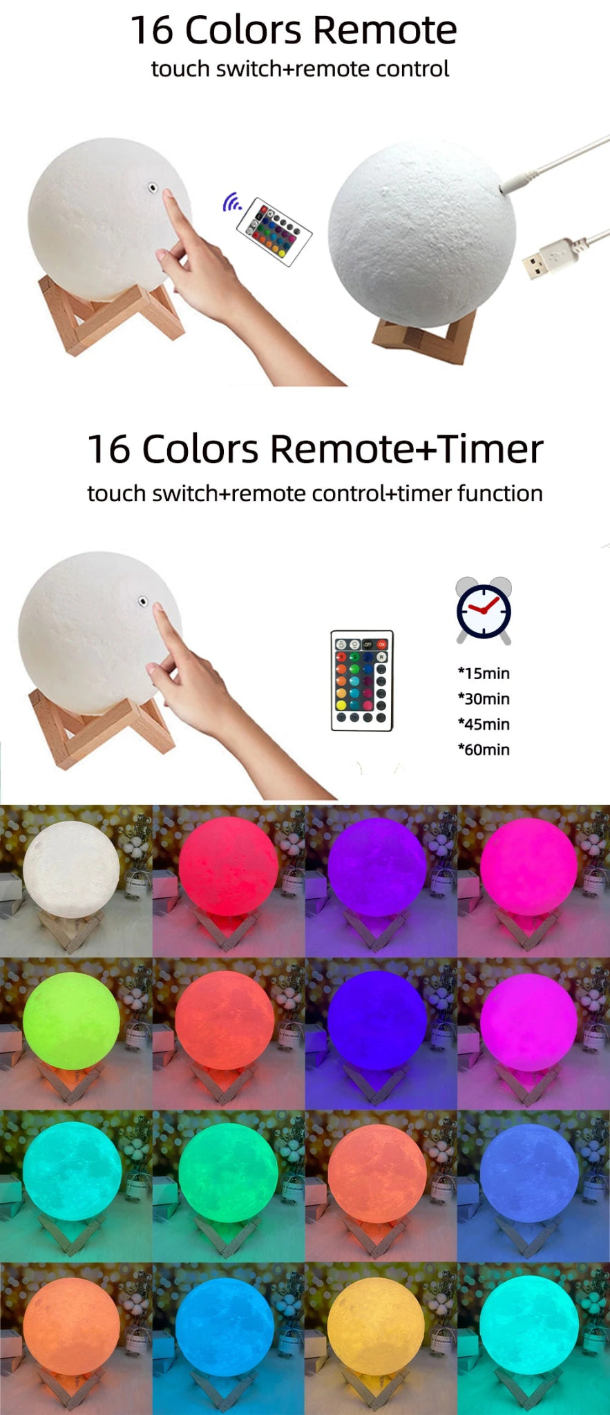 Custom 3D Moon Lamp – USB Rechargeable Personalized Photo/Text Night Light Gift for Birthdays or Special Occasions - Moon & Wall