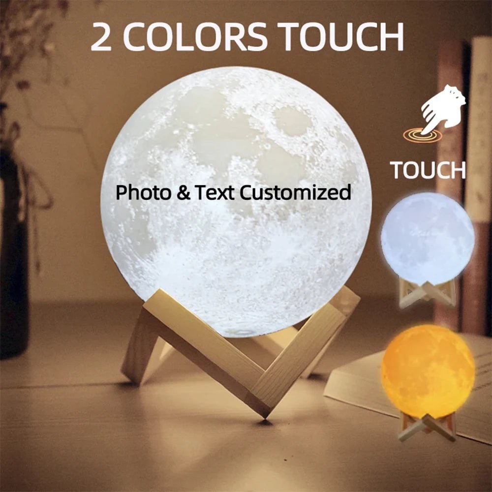 Custom 3D Moon Lamp – USB Rechargeable Personalized Photo/Text Night Light Gift for Birthdays or Special Occasions - Moon & Wall