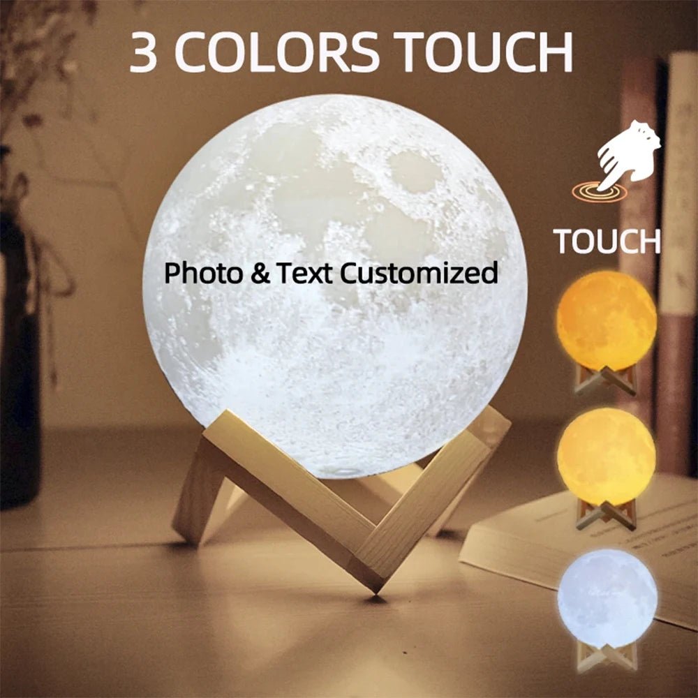 Custom 3D Moon Lamp – USB Rechargeable Personalized Photo/Text Night Light Gift for Birthdays or Special Occasions - Moon & Wall