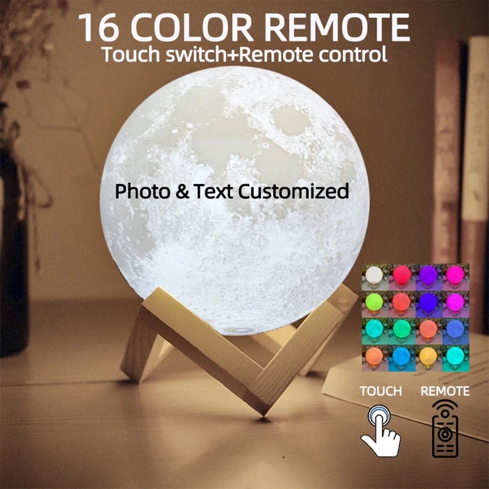 Custom 3D Moon Lamp – USB Rechargeable Personalized Photo/Text Night Light Gift for Birthdays or Special Occasions - Moon & Wall