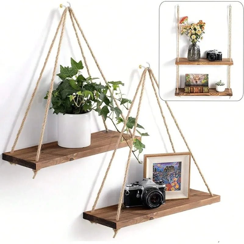 Étagère en corde suspendue en bois 1PC - Rangement mural flottant pour les plantes, la décoration ou l’affichage de jardin - Moon & Wall
