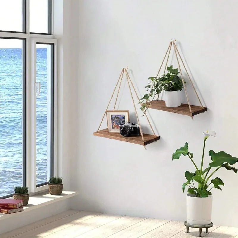 Étagère en corde suspendue en bois 1PC - Rangement mural flottant pour les plantes, la décoration ou l’affichage de jardin - Moon & Wall