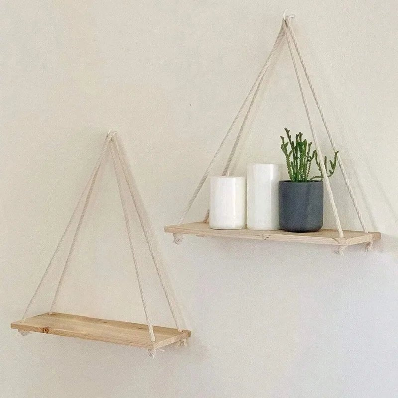 Étagère en corde suspendue en bois 1PC - Rangement mural flottant pour les plantes, la décoration ou l’affichage de jardin - Moon & Wall
