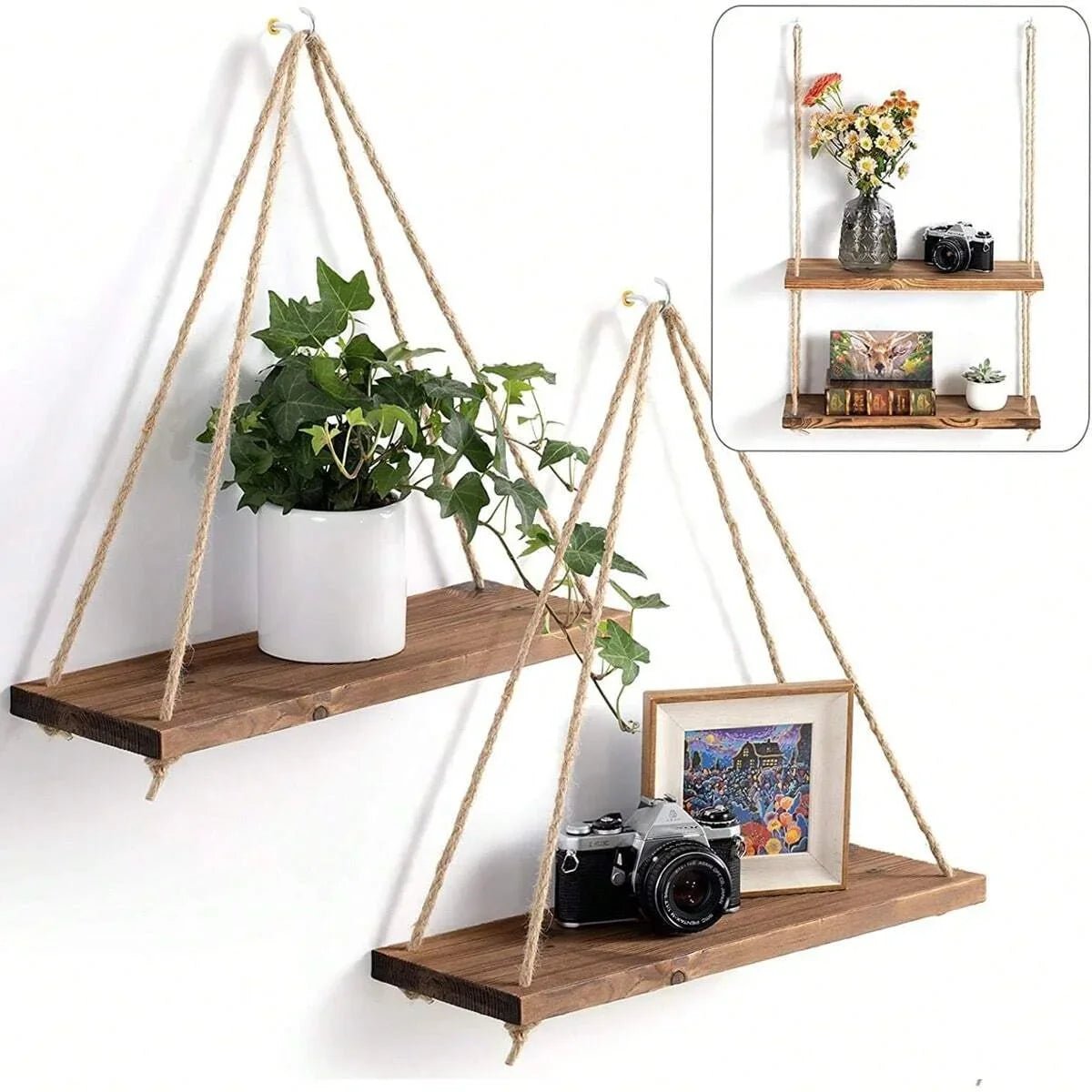 Étagère en corde suspendue en bois 1PC - Rangement mural flottant pour les plantes, la décoration ou l’affichage de jardin - Moon & Wall