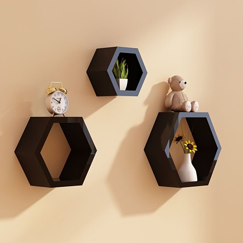 Étagère murale à grille hexagonale créative Ensemble de 3 pièces pour chambre à coucher, salon, bureau, panneau de rangement de dortoir, panneau décoratif mural en bois de bureau, étagères flottantes - Moon & Wall