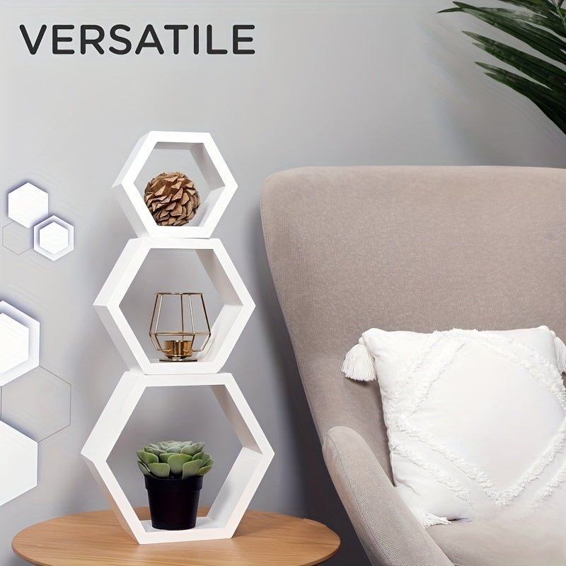 Étagère murale à grille hexagonale créative Ensemble de 3 pièces pour chambre à coucher, salon, bureau, panneau de rangement de dortoir, panneau décoratif mural en bois de bureau, étagères flottantes - Moon & Wall