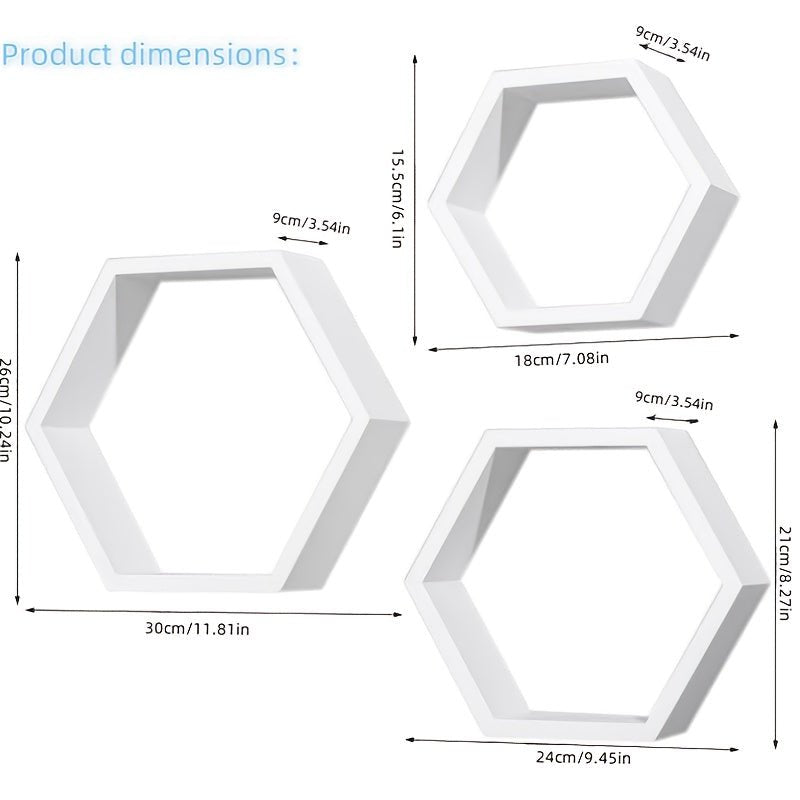 Étagère murale à grille hexagonale créative Ensemble de 3 pièces pour chambre à coucher, salon, bureau, panneau de rangement de dortoir, panneau décoratif mural en bois de bureau, étagères flottantes - Moon & Wall