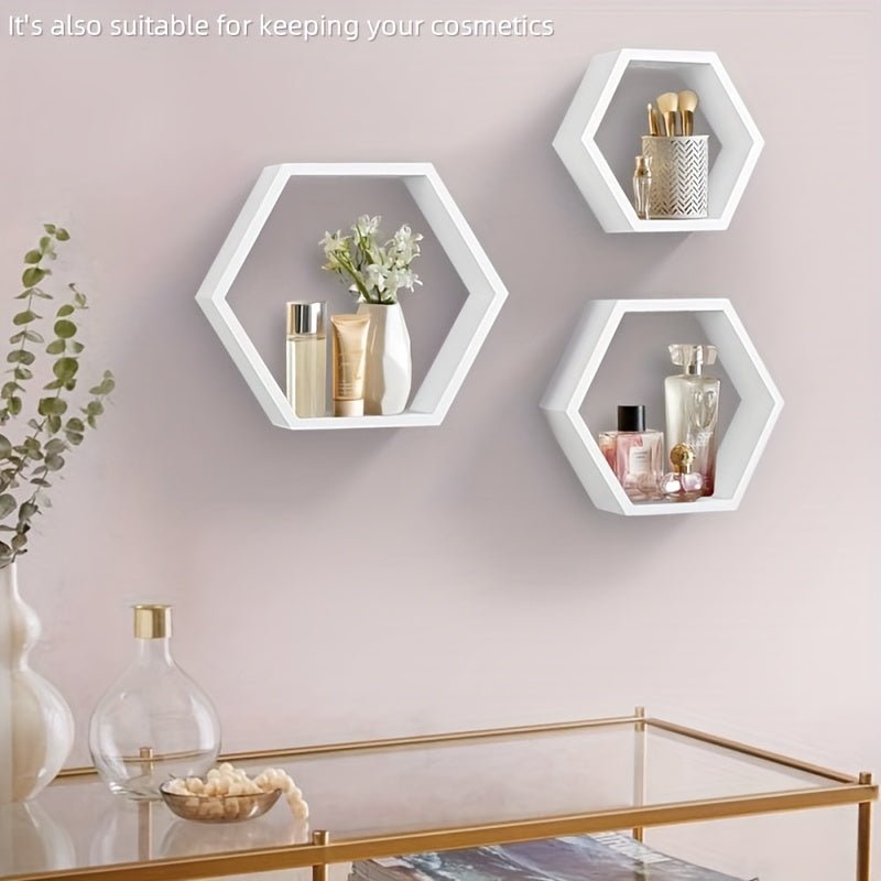Étagère murale à grille hexagonale créative Ensemble de 3 pièces pour chambre à coucher, salon, bureau, panneau de rangement de dortoir, panneau décoratif mural en bois de bureau, étagères flottantes - Moon & Wall