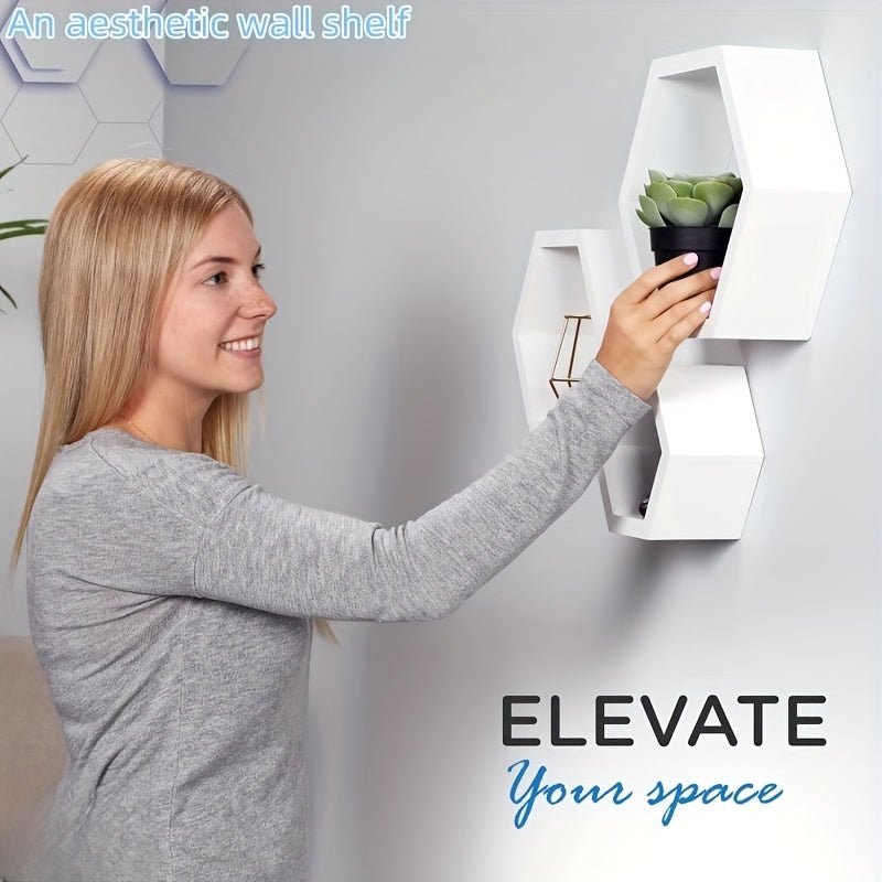 Étagère murale à grille hexagonale créative Ensemble de 3 pièces pour chambre à coucher, salon, bureau, panneau de rangement de dortoir, panneau décoratif mural en bois de bureau, étagères flottantes - Moon & Wall