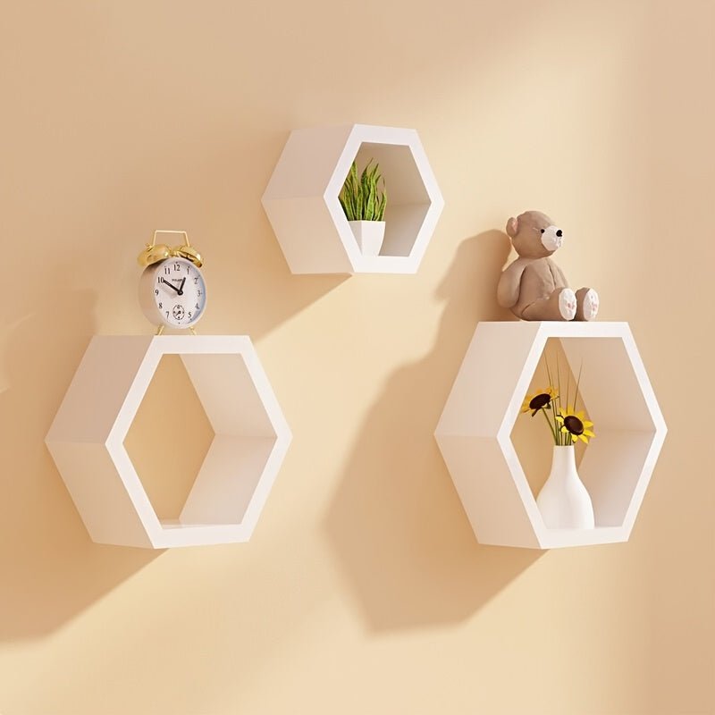 Étagère murale à grille hexagonale créative Ensemble de 3 pièces pour chambre à coucher, salon, bureau, panneau de rangement de dortoir, panneau décoratif mural en bois de bureau, étagères flottantes - Moon & Wall
