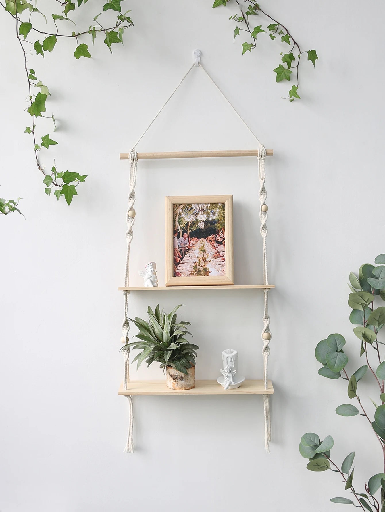 Étagère murale flottante en macramé - Décor suspendu en bois Boho pour chambre à coucher, salon ou pépinière - Moon & Wall